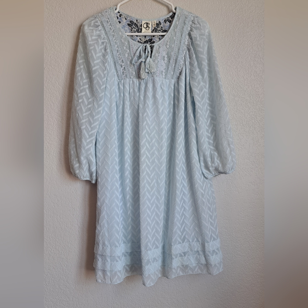 Anthropologie One September Light Blue Cottage Boho Tassel Peasant Dress Size S